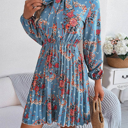 Pleated Printed Tie Neck Long Sleeve Dress - MimiStylez