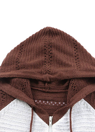 Zip-Up Raglan Sleeve Openwork Hooded Cardigan - MimiStylez
