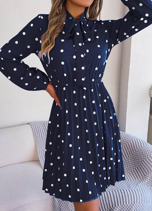 Polka Dot Tie Neck Pleated Dress - MimiStylez