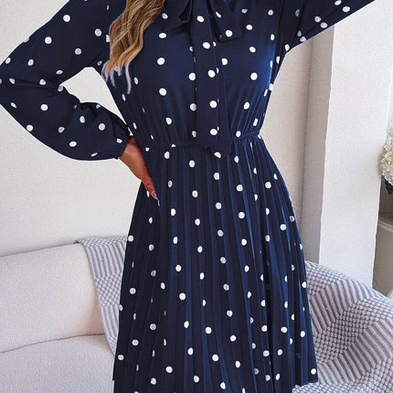 Polka Dot Tie Neck Pleated Dress - MimiStylez