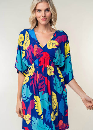 White Birch Full Size Printed V-Neck Mini Dress - MimiStylez