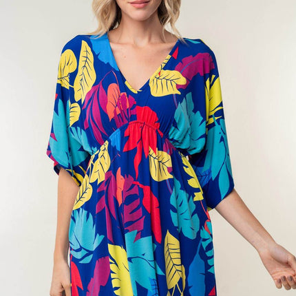 White Birch Full Size Printed V-Neck Mini Dress - MimiStylez