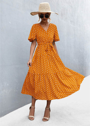 Printed V-Neck Flutter Sleeve Belted Dress - MimiStylez