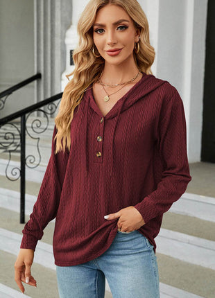 Drawstring Half Button Long Sleeve Hoodie - MimiStylez