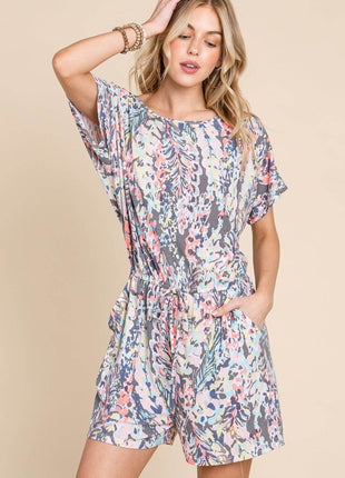 BOMBOM Printed Short Sleeve Drawstring Romper - MimiStylez