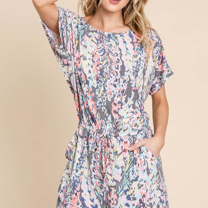 BOMBOM Printed Short Sleeve Drawstring Romper - MimiStylez