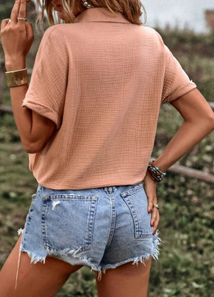 Drawstring Button Up Short Sleeve Blouse - MimiStylez