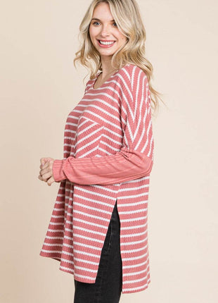Culture Code Oversize Striped Round Neck Long Sleeve Slit T-Shirt - MimiStylez
