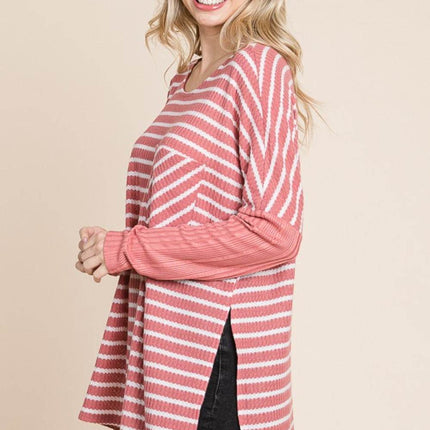 Culture Code Oversize Striped Round Neck Long Sleeve Slit T-Shirt - MimiStylez