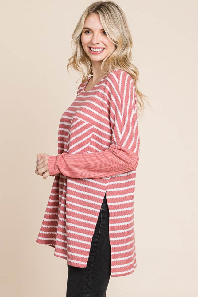Culture Code Oversize Striped Round Neck Long Sleeve Slit T-Shirt - MimiStylez