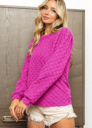 BiBi Round Neck Brushed Checker Top - MimiStylez