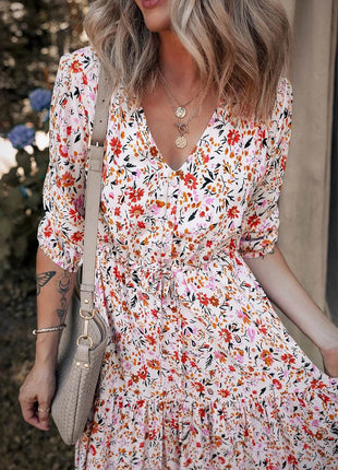 Boho Half Sleeve Floral V Neck Maxi Dress - MimiStylez