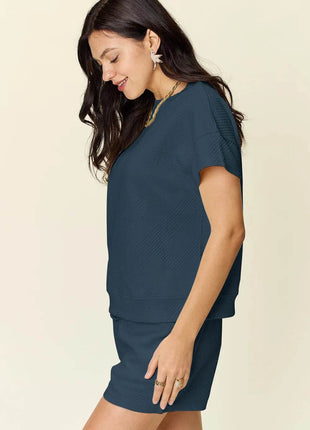 Double Take Full Size Texture Short Sleeve T-Shirt and Drawstring Shorts Set - MimiStylez