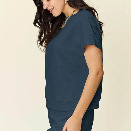 Double Take Full Size Texture Short Sleeve T-Shirt and Drawstring Shorts Set - MimiStylez