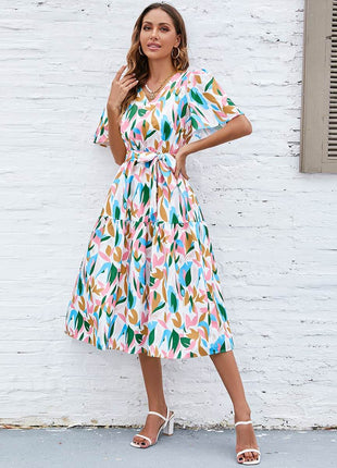 Printed Tie-Waist V-Neck Flutter Sleeve Dress - MimiStylez