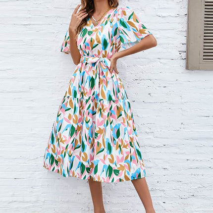 Printed Tie-Waist V-Neck Flutter Sleeve Dress - MimiStylez