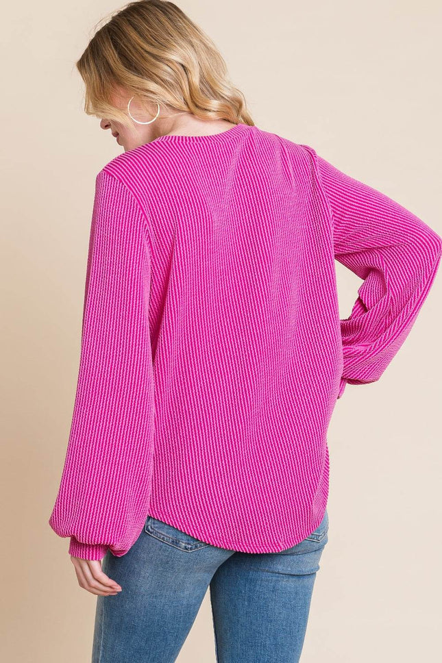 BOMBOM Long Sleeve Curved Hem Ribbed T-Shirt - MimiStylez
