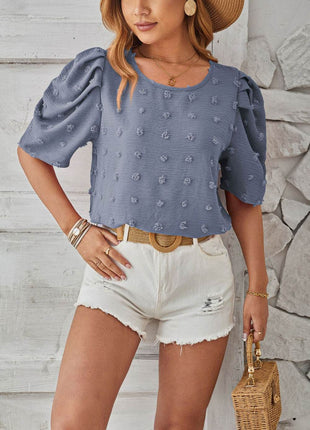 Swiss Dot Round Neck Short Sleeve Blouse - MimiStylez