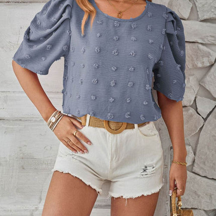 Swiss Dot Round Neck Short Sleeve Blouse - MimiStylez