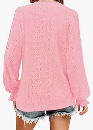 Eyelet V-Neck Flounce Sleeve Blouse - MimiStylez