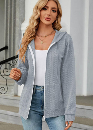 Drawstring Zip Up Long Sleeve Hoodie - MimiStylez