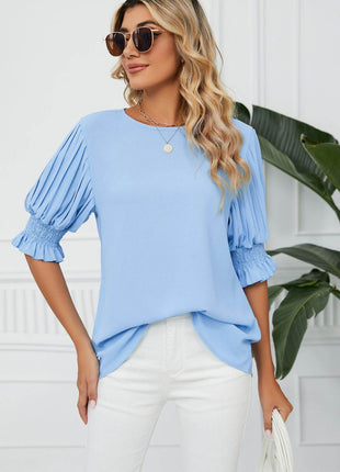 Pleated Flounce Sleeve Keyhole Blouse - MimiStylez