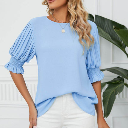 Pleated Flounce Sleeve Keyhole Blouse - MimiStylez