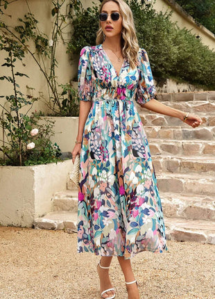 Printed Puff Sleeve Midi Dress - MimiStylez