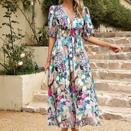 Printed Puff Sleeve Midi Dress - MimiStylez