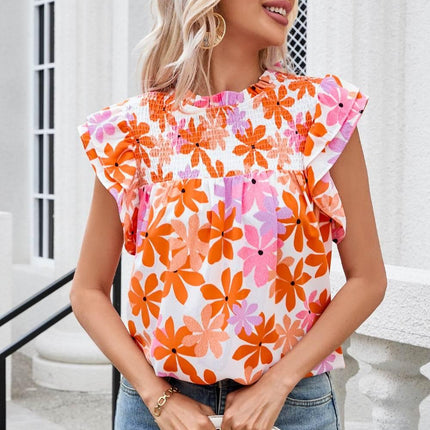 Printed Round Neck Cap Sleeve Blouse - MimiStylez