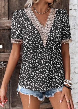 Full Size Printed V-Neck Short Sleeve Blouse - MimiStylez