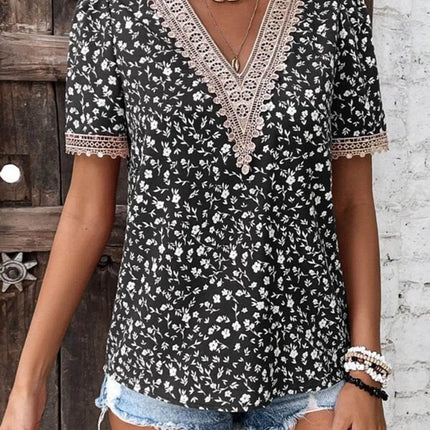 Full Size Printed V-Neck Short Sleeve Blouse - MimiStylez