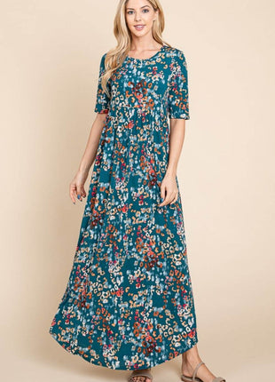 BOMBOM Printed Shirred Maxi Dress - MimiStylez