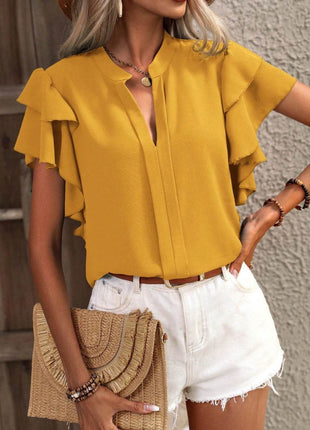 Ruffled Notched Short Sleeve Blouse - MimiStylez