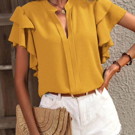 Ruffled Notched Short Sleeve Blouse - MimiStylez