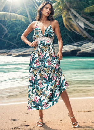 Lace Detail Printed Halter Neck Midi Cami Dress - MimiStylez