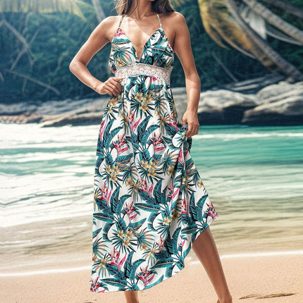 Lace Detail Printed Halter Neck Midi Cami Dress - MimiStylez