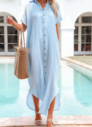 Button Down Short Sleeve Midi Shirt Dress - MimiStylez