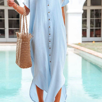 Button Down Short Sleeve Midi Shirt Dress - MimiStylez