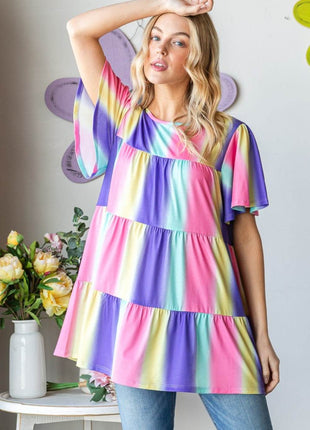 Heimish Full Size Short Sleeve Striped Tiered Top - MimiStylez