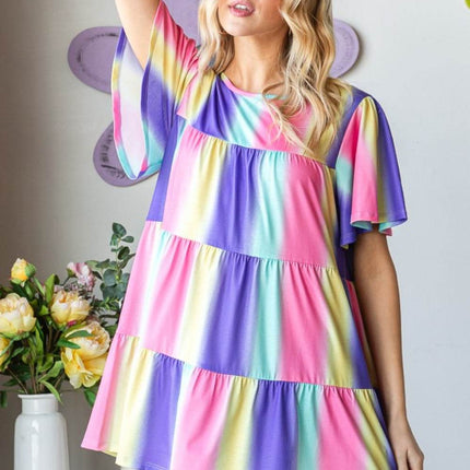 Heimish Full Size Short Sleeve Striped Tiered Top - MimiStylez