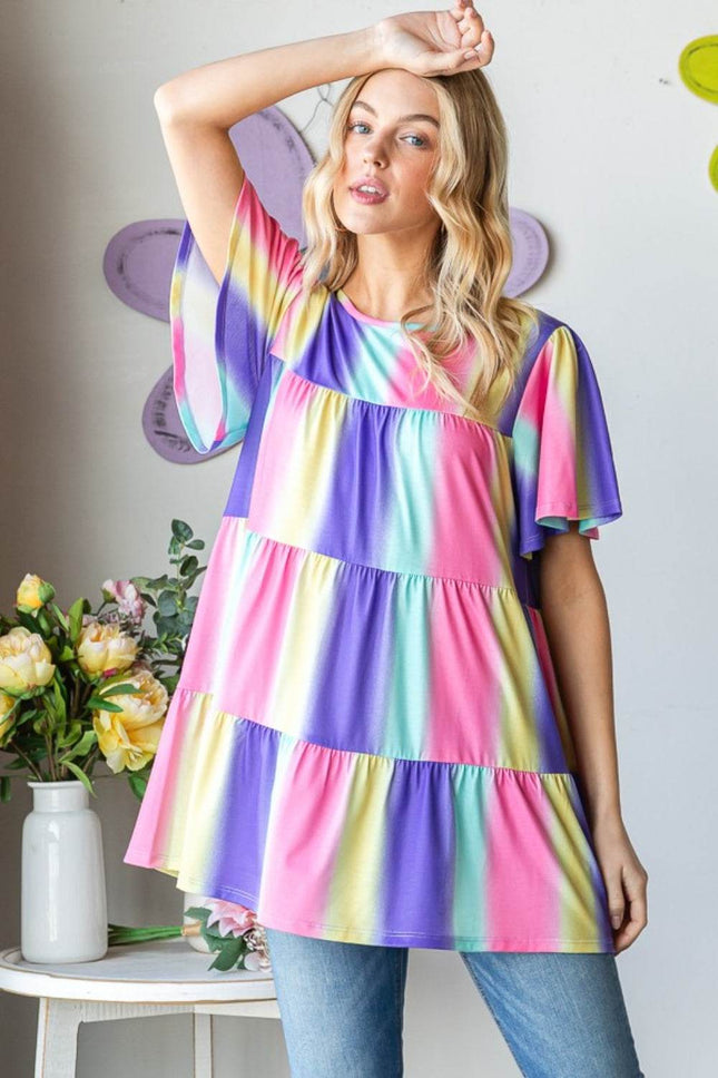Heimish Full Size Short Sleeve Striped Tiered Top - MimiStylez