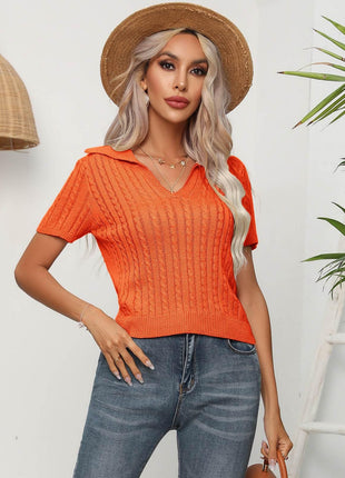 Cable-Knit Johnny Collar Short Sleeve Knit Top - MimiStylez