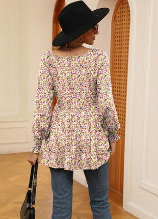 Printed V-Neck Lantern Sleeve Blouse - MimiStylez