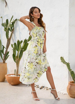 Smocked Printed Square Neck Midi Dress - MimiStylez