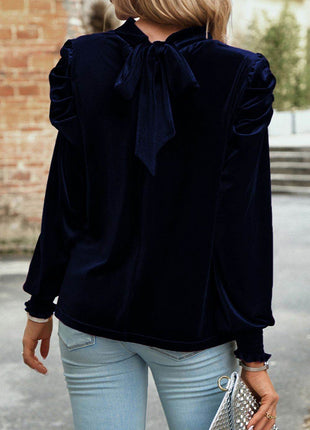 Tie Up Mock Neck Velvet Fabric Long Sleeve Blouse - MimiStylez