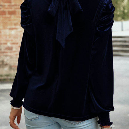 Tie Up Mock Neck Velvet Fabric Long Sleeve Blouse - MimiStylez