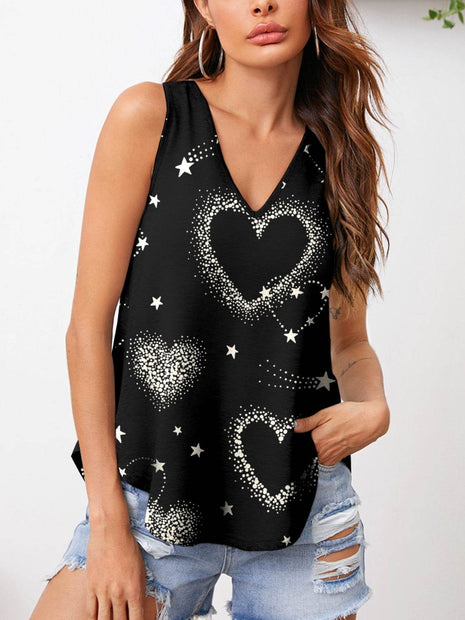 Heart Printed V-Neck Tank - MimiStylez