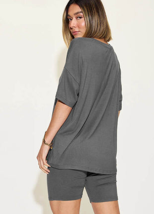 Neck Drop Shoulder T-Shirt and Shorts Set - MimiStylez