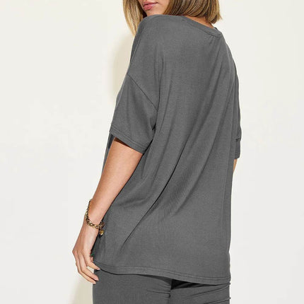 Neck Drop Shoulder T-Shirt and Shorts Set - MimiStylez